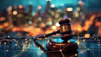 An image of a gavel with a blurred blue and orange city landscape and a electronic cyber security overlay