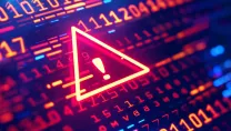 A digital alert icon over glowing binary code represents a cyber security threat or data breach.