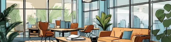 Firefly positive office interior design environment with many wooden and glass tables, sofa, coffee 