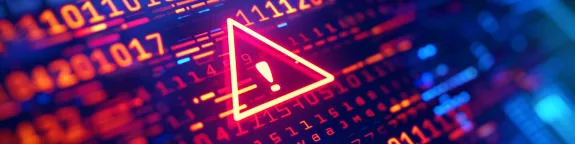 A digital alert icon over glowing binary code represents a cyber security threat or data breach.