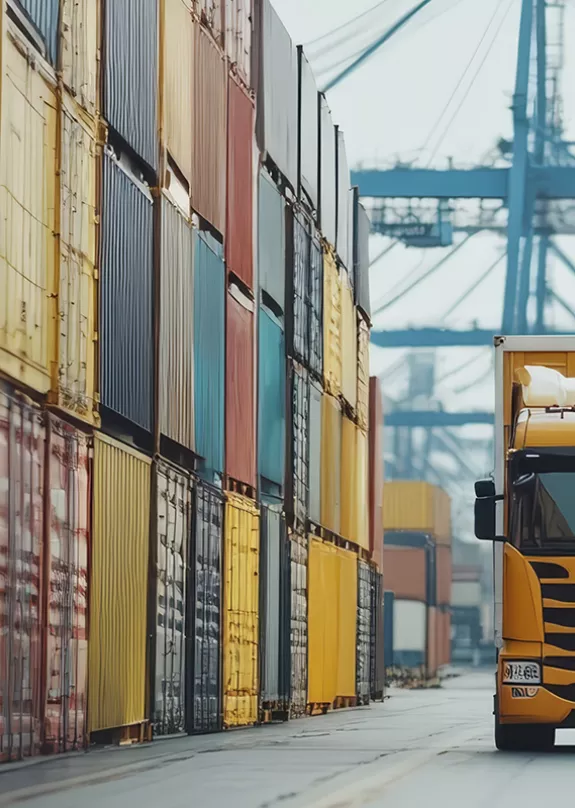 Truck navigating narrow passageway amidst stacks of shipping containers, glimpse into modern logistics