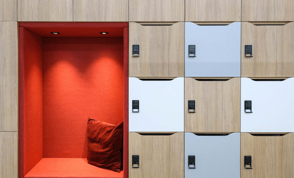 Wooden storage lockers with inbuilt seating area