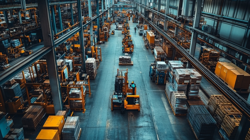 Industrial Warehouse: A high-angle view captures the bustling activity within a vast industrial warehouse, showcasing rows of stacked pallets, forklifts navigating the aisles, and the intricate network